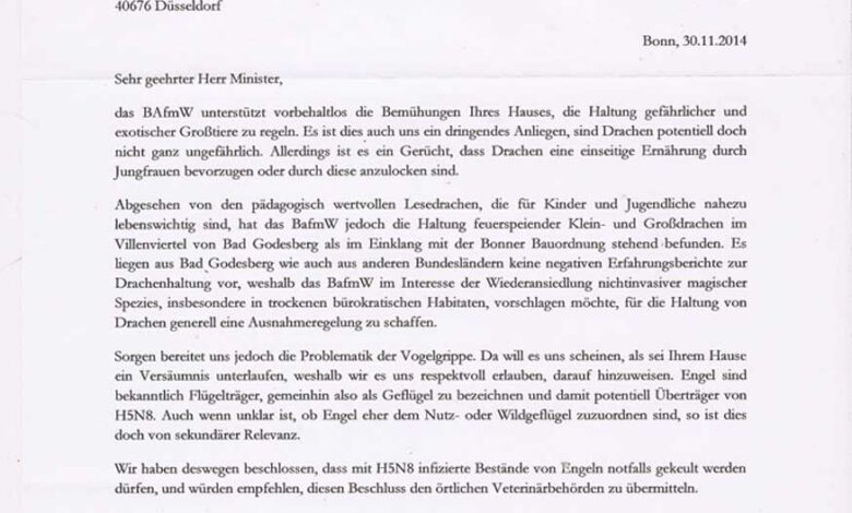 In einem Schreiben an NRW-Umweltminister Remmel schlägt BAfmW-Präsident Dräcker eine Regelung zur Haltung von Drachen und die Keulung von Engeln vor.