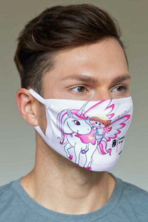 Bundeslurch-Alltags-Maske/Mund-Nasen-Schutz mit Aufdruck "Wendy und das Einhorn" in drei verschiedenen Größen.